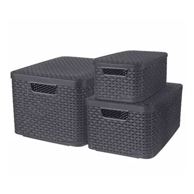 Curver 3x Storage Boxes with Lid Size S+M+L Anthracite Householder Organiser