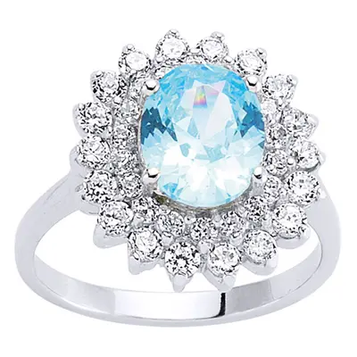 (L) Jewelco London Ladies Sterling Silver Light Blue Oval Cubic Zirconia Royal Cluster Engagemen