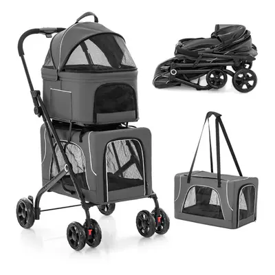 Foldable 3-in-1 Dog Stroller Double Pet Stroller W/ Detachable Carriers