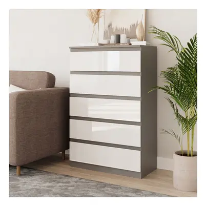 (Grey & White) Drawer High Glossy Wooden Bedroom Chest Cabinet No Handle Drawer Storage