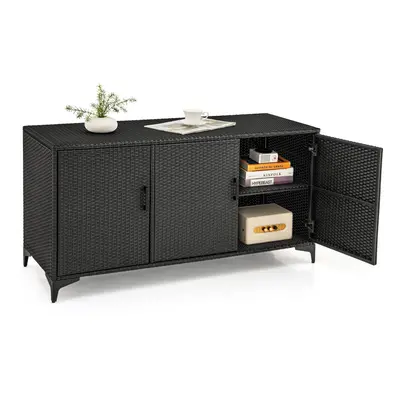 318 Patio Wicker Storage Cabinet Deck Box w/Shelves-Black