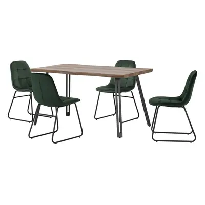 Quebec Wave Edge Dining Table + Lucas Chairs Set - Oak Effect & Green Velvet