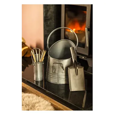 Fireside Accessory Set Coal Bucket Shovel Matchstick Holder Silver Kindling Log