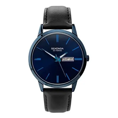 Sekonda Mens 40mm Quartz Watch Blue Case and Black Leather Strap with Blue Dial