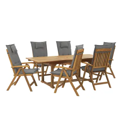 6 Seater Acacia Wood Garden Dining Set with Graphite Grey Cushions JAVA