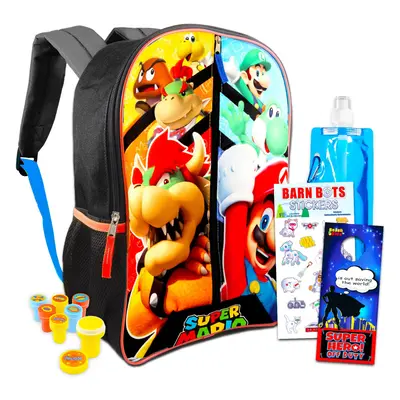 Super Mario Backpack for Kids - 16"" Mario and Luigi Backpack Bundle Stickers Superhero Stampers