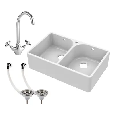 Double Bowl Fireclay Belfast Sink with Tap Hole & Full Wier, with Basket Strainer Waste & Mono K