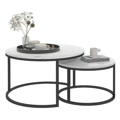 HOMCOM Pcs Stacking Coffee Table Set Steel Frame, Marble-Effect White