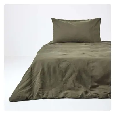 (Single, Khaki Green) Soft Linen Plain Duvet Cover with Pillowcase