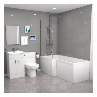 Cann L-Shaped LH Bath, Exposed Shower, White Basin Vanity, Taps, BTW Toilet