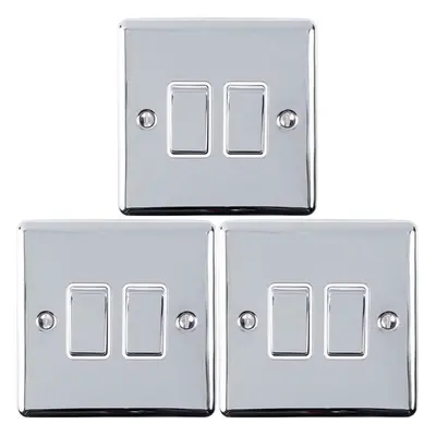 3 PACK Gang Double Metal Light Switch POLISHED CHROME Way 10A White Trim