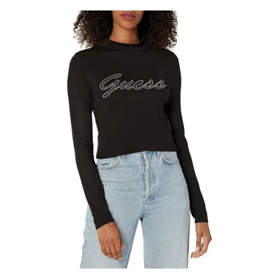 GUESS Women's Long Sleeve Rhinestone Logo Sweater Jet Black