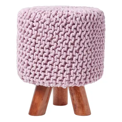 (Pink) Tall Knitted Cotton Footstool with Tripod Wooden Legs