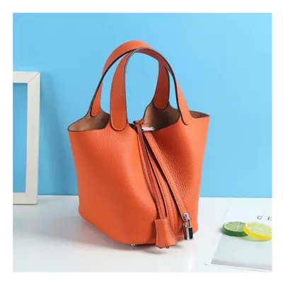 (Orange (head layer cowhide), large) New Litchi Pattern Casual Dish, Bag Leather, Fashion Versat