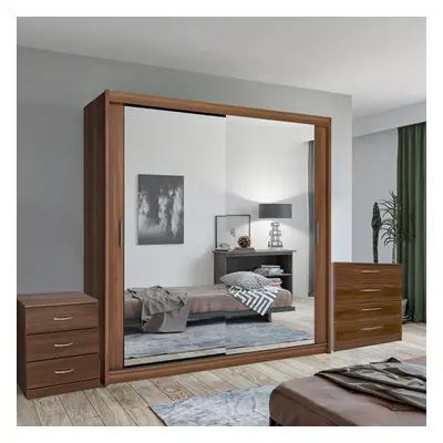 (Walnut, cm) Chen Sliding Mirror Wardrobe With Chest Drawers