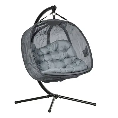 Outsunny Double Hanging Egg Chair Seaters Swing Hammock w/ Cushion, Grey