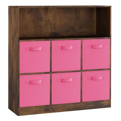 (Rustic Brown, Dark Pink) Wooden Cubed Bookcase Units Shelves Drawers