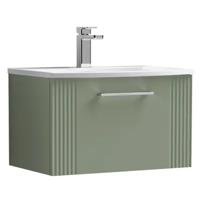 Retro Drawer Wall Hung Vanity Unit with Curved Tap Hole Ceramic Basin - 600mm - Satin Green - Ba