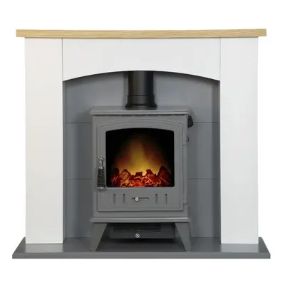 Adam Huxley in Pure White & Grey with Aviemore Electric Stove in Grey Enamel, Inch