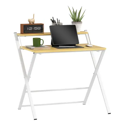 HOMCOM Folding Desk with 2-Tier Shelf for Home Office, Maple Wood-effect