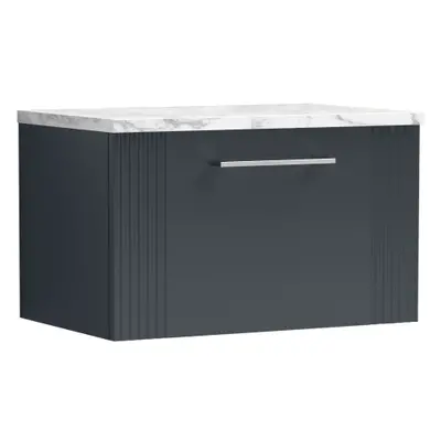 Retro Drawer Wall Hung Vanity Unit with Carrera Marble Laminate Worktop - 600mm - Satin Soft Bla