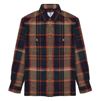 (M, Brown/Orange) Lambretta Mens Wool Long Sleeve Checked Over Shirt Shacket - Brown/Orange