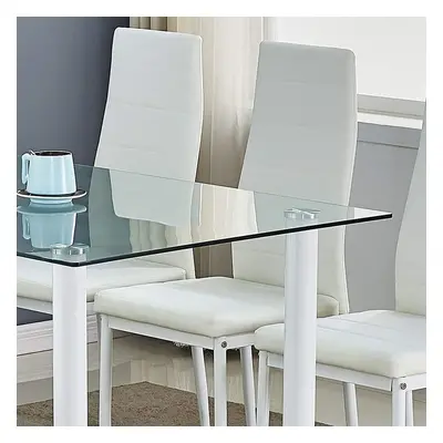 (Table with chairs) WHITE GlASS DINING TABLE WITH FAUX LEATHER CHAIRS