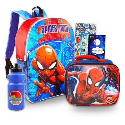 Marvel Spiderman Backpack With Lunch Box ~ Pc Back to School Bundle With 16"" Spiderman School B