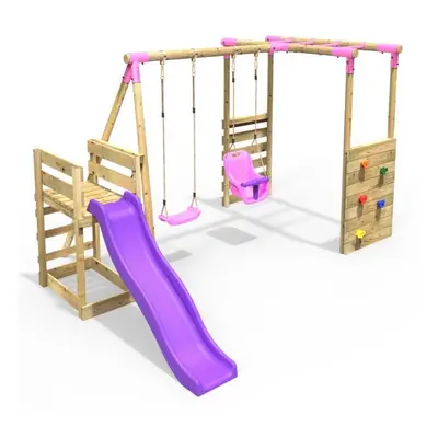 (Monkey Bars plus Deck & 6ft Slide - Luna, Pink) Rebo Wooden Children's Swing Set with Monkey Ba