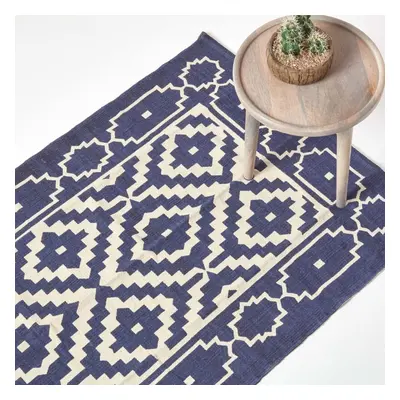 Homescapes Halmstad Blue and White Scandi Style 100% Cotton Printed Rug