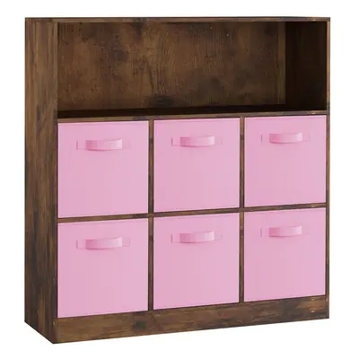 (Rustic Brown, Light Pink) Wooden Cubed Bookcase Units Shelves Drawers