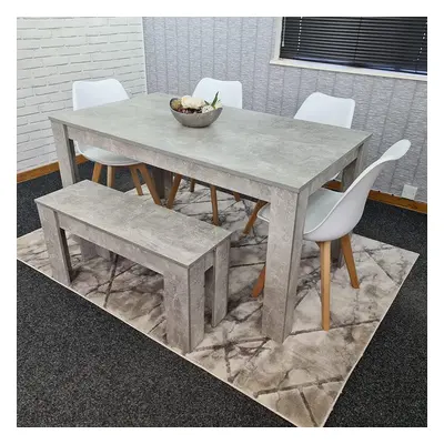 Dining Table and Chairs With Bench Stone Grey Effect Wood Table White Plastic Leather Chairs Din