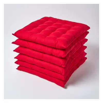 (Set of 6, Red) Plain Seat Pad with Button Straps 100% Cotton