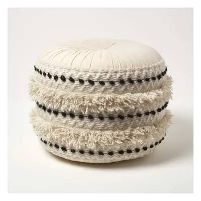 Sahara Cream & Black Macrame Tufted Boho Pouffe