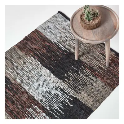 (150 x cm) Black, Grey & Brown Real Leather Handwoven Cutshuttle Rug