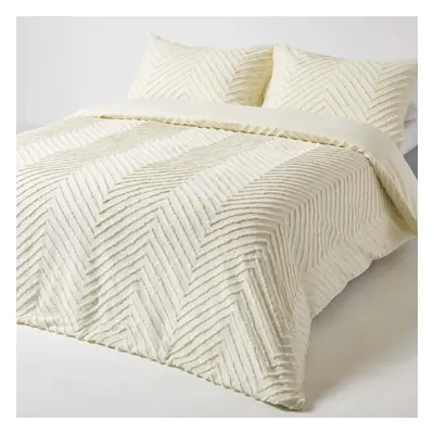 (Double, Off White) Chevron Cotton Tufted Duvet Cover Set