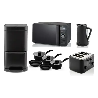 Swan Stealth Black Kettle Toaster Microwave Piece Pan Set Sensor Bin