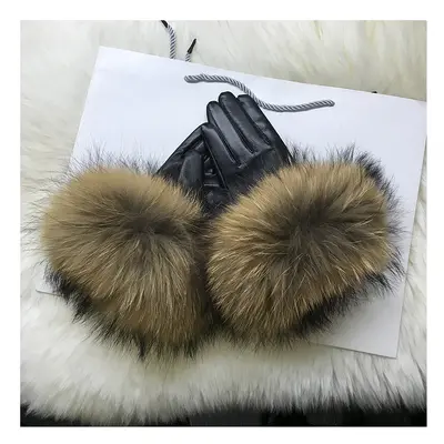 (Velvet Lining-M, Raccoon Fur) Real Sheepskin Fox Fur Gloves Women's Genuine Leather Glove Winte