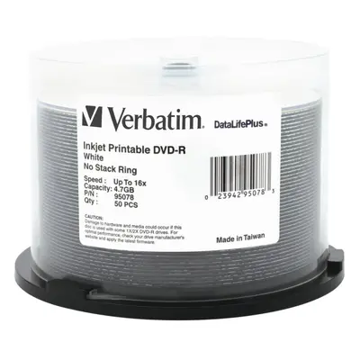 Verbatim 47GB Up to 16X Datalifeplus White Inkjet Printable Recordable Disc DVDR Disc Spindle