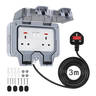 Double Outdoor Socket with 3m Extension Lead, Outside Plug Socket IP66 Waterproof Socket 13Amp G