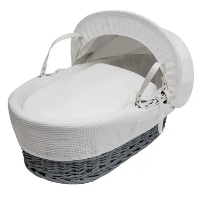 White Waffle Grey Wicker Moses Basket With Mattress And Padded Liner