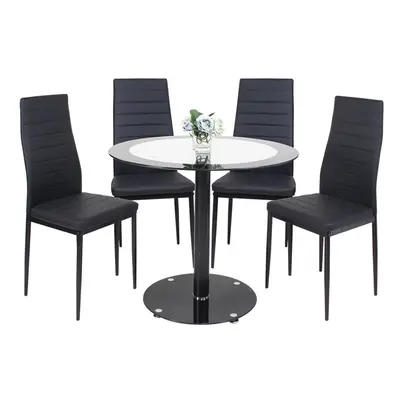 Black Dining Table and Chairs Set of 4, Round Tempered Glass Table with High Back PU Leather Cha