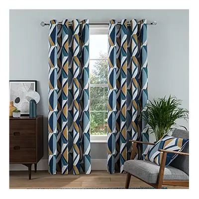 Sleepdown Printed Large Diamond Geo Eyelet Curtains for Bedroom and Living Room - Navy - x Inch