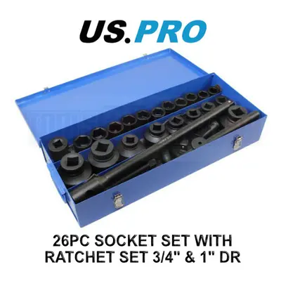 US PRO Tools 26pc Socket Set With Ratchet Set 3/4" & 1" Dr - 65mm