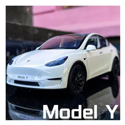 (Model Y White) 1:24 Teslas Model Y Model With Charging Pile Alloy Car Diecast Metal