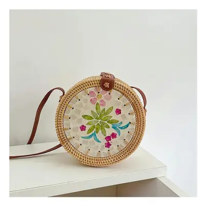 (Shell shoulder bag-green leaf flower) Vietnam Aki Rattan Woven INS Wind Round Color Shell Stitc