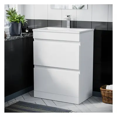 Nes Home White 600mm PVC Drawer Vanity Cabinet & Slim Basin Sink Floor Standing