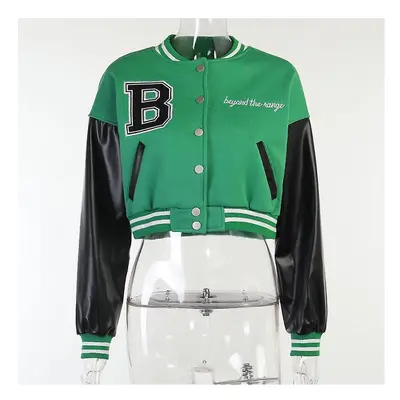 (Green, M) Women Varsity Jacket Cropped Baseball Jacket Bomber Coats Fashion Streetwear