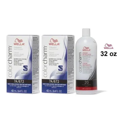 (7A(2)+Dev(Vol.20)32oz) Wella 7A Medium Smokey Ash Blonde Color Charm Permanent Haircolor & Deve