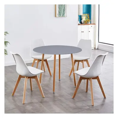 Dining Table and Chairs Grey Round Wood Table White Plastic Leather Chairs Dining Room Furniture